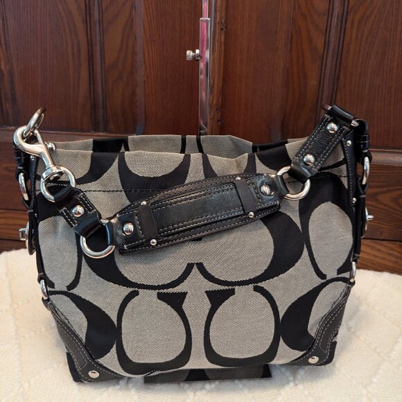 Coach Signature Carly Hobo Black Gray Canvas Brass Shoulder Bag Purse 12871 - Picture 1 of 12